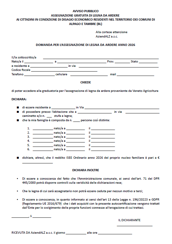 DOMANDA PER L'ASSEGNAZIONE DI LEGNA DA ARDERE 2026